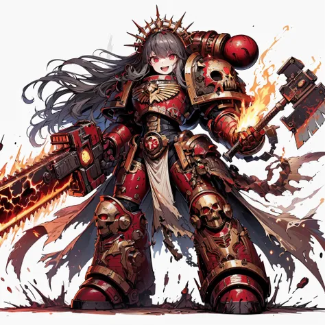 Masterpiece, best quality, ultra-detailed, anime style, full body of Chaos space marine girl, Blood Red and Brass power armor, wild barbarian, held hellish chainsaw sword, supernatural Lightning and flame, ((blood skull symbol)), Warhammer 40K, 8k high res...