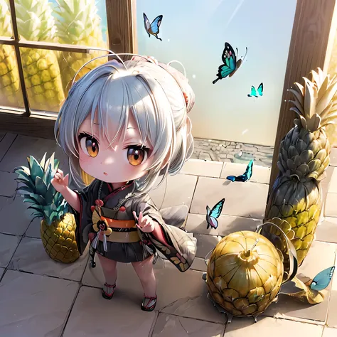 ((Chibi,pineapple,3DCG,official art, miniature photo style,one girl: 1.5)),(Masterpiece, almond-shaped eyes, glossy white-blue hair, short chignon hair, top quality, carefully drawn fingertips, beautiful anatomy : 1.4), (half body: 1.3), (Red cheeks, indif...