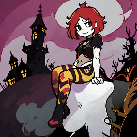 1girl, solo, ruby gloom, red hair, short spiky hair, pale white skin ((black dress, red and yellow leggings, black goth boots)), sitting on dead tree stump, holding a black cat, looking at camera, smiling, happy, happy expression, in front of gothic mansio...