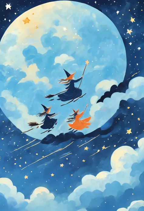 illustration：in the sky，Two witches flying on broomsticks，air racing，fluffy clouds，Fly to the huge moon，Rear view，glistening stars，dreamy blue sky，