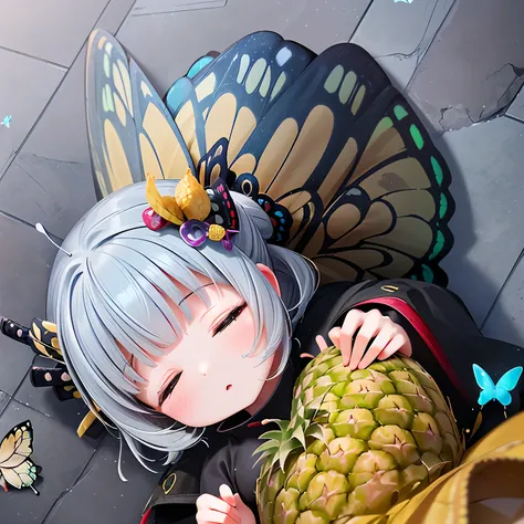 ((Chibi,pineapple,3DCG,official art, miniature photo style,one girl: 1.5)),(Masterpiece, almond-shaped eyes, glossy white-blue hair, short chignon hair, top quality, carefully drawn fingertips, beautiful anatomy : 1.4), (half body: 1.3), (Red cheeks, indif...