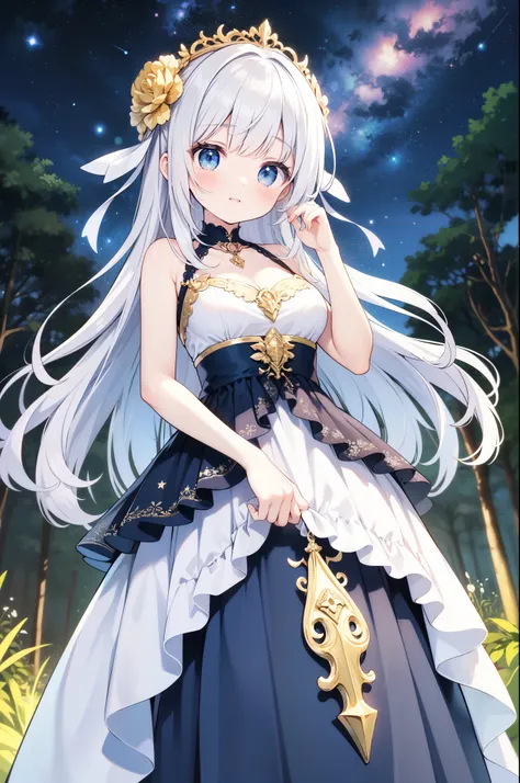 （masterpiece）、(highest quality)、((Super detailed))、(super delicate)、Ero cute、Pastel colors hair、beautiful breasts、Gorgeous、Fantastic forest and starry sky、Golden, silver, and deep blue dress、look up from below