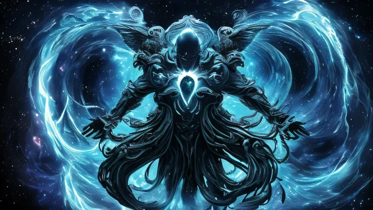 A cosmic angel of absolute power, his wings sprawled out, strands of veins made out of divine cosmic energy, pulsating with celestial rhythms,
A monstrous mouth filled with cursed divine energy, he is faceless at the same time horrific yet beautiful and ca...