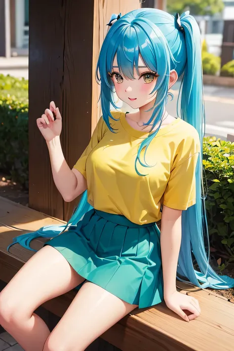 Cute girl, with long blue hair on two ponytails, and short yellow skirt, green short t-shirt, with big 