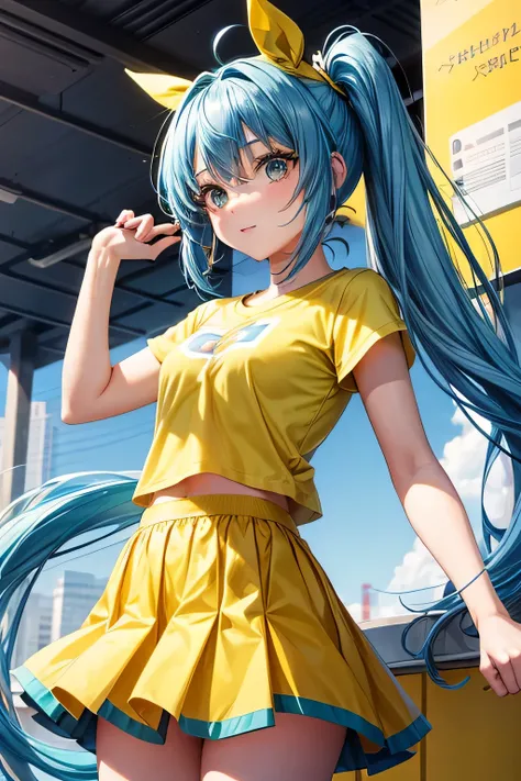 Cute girl, with long blue hair on two ponytails, and short yellow skirt, green short t-shirt, with big