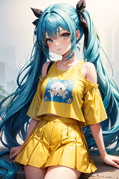 Cute girl, with long blue hair on two ponytails, and short yellow skirt, green short t-shirt, with big