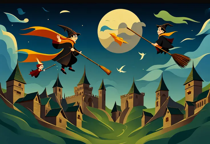 Wizard Harry Potter and Friends on the Broomstick，wearing wizard hat，magician&#39;robe，Magic Academy Arena Background，On a bright afternoon，Under the blue sky，Wizards racing on broomsticks。harry potter flying broom，harry potter flying broomstick，They trave...