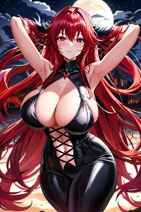 In the stillness of a full moon night, the captivating figure of Rias Gremory, the eldest Princes of the Demon Clan from Highschool DxD, poses seductively for an NSFW image. Dressed in a provocative purple bodysuit that accentuates her voluptuous curves, R...