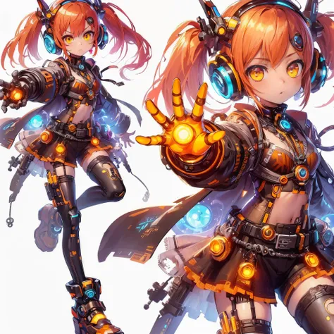 (Masterpiece, best quality), ultra-detailed, full-bodied cyber punk magical girl, hold on high tech gauntlet, orange hair, glowing yellow eye, cute girl outfit, cyber hi-tech boots, high resolution, digital painting, 8k high resolution, trending art statio...