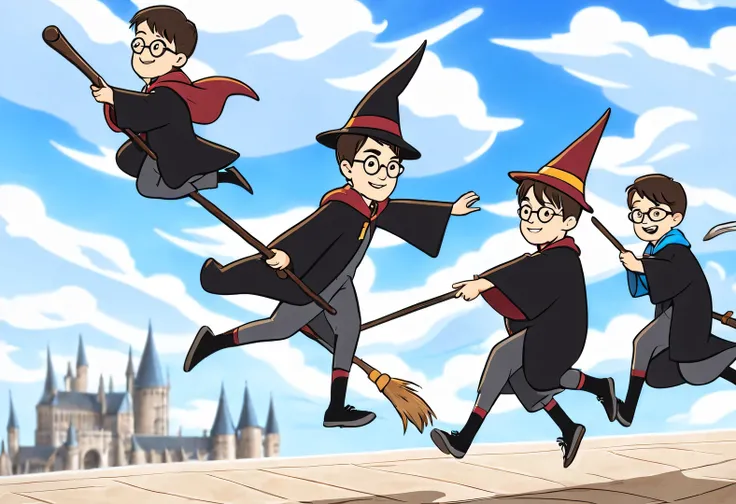 Wizard Harry Potter and Friends on the Broomstick，wearing wizard hat，magician&#39;robe，harry potter flying broom，harry potter flying broomstick，Magic Academy Arena Background，On a bright afternoon，Under the blue sky，Wizards racing on broomsticks。harry pott...