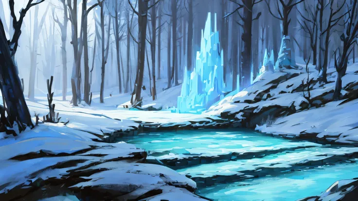 frozen forest, fantasy, semi-realistic