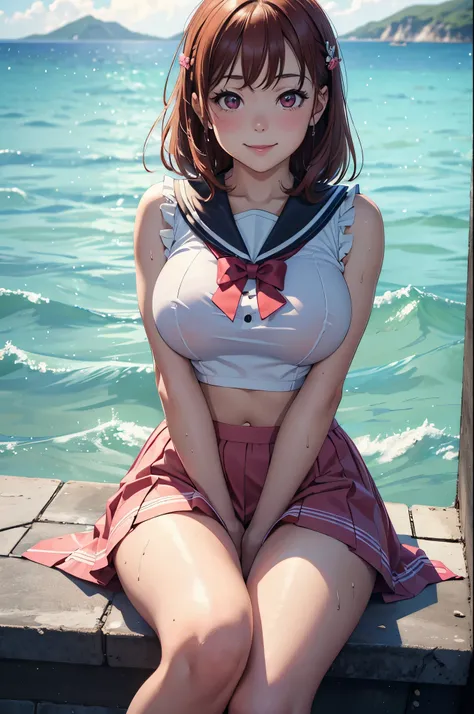 (best quality,4k,8k,highres,masterpiece:1.2), ultra-detailed, on knees, sitting,arms behind back,takami chika, sailor top, school skirt, midriff,  slightly excited and smile, sleeveless, thighs, cowboy shot, hair ornament, random pose,sea in background,wet...