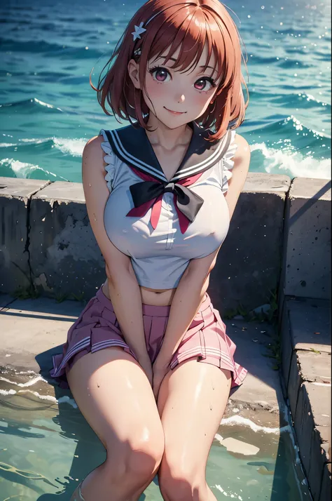 (best quality,4k,8k,highres,masterpiece:1.2), ultra-detailed, on knees, sitting,arms behind back,takami chika, sailor top, school skirt, midriff,  slightly excited and smile, sleeveless, thighs, cowboy shot, hair ornament, random pose,sea in background,wet...