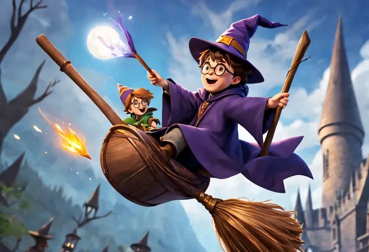 Game scene design，broomstick wizard harry potter and friends riding broomsticks，wearing wizard hat，magician&#39;robe，