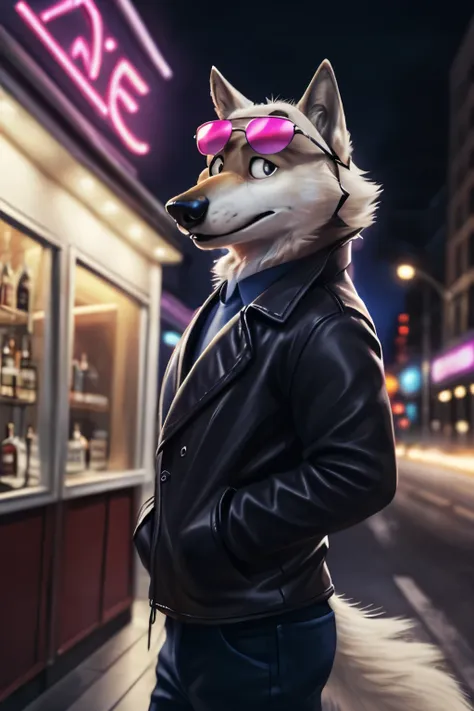 cute cartoon of a (gary \(zootopia\)) wearing a (leather jacket) and (sunglasses), solo,  wolf, white fur, 
break,
background ga...