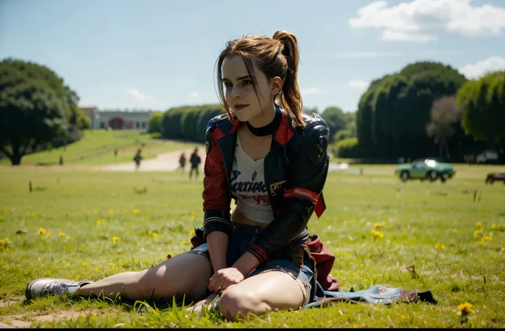 shot of emma watson, harley quinn from dc, sitting on the grass, photorealistic, cinematic, overcast, full body angle, sunlight,...