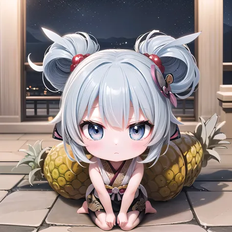 ((Chibi,pineapple,3DCG,official art ,miniature photo style,one girl: 1.5)),(Masterpiece, almond-shaped eyes, glossy white-blue hair, short chignon hair, top quality, carefully drawn fingertips, beautiful anatomy : 1.4), (No expression ,half body: 1.3), (Re...