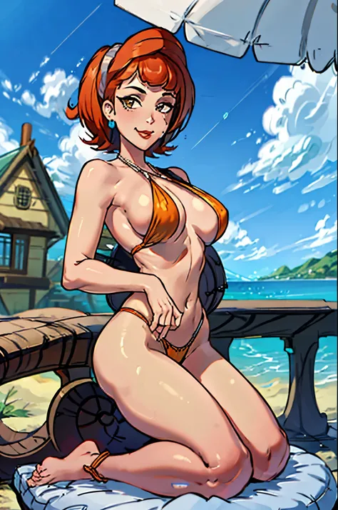 (masterpiece, best quality:1.2),  linda_flynn-fletcher, 1girl, jewelry, earrings, solo, lipstick, hairband, makeup, breasts, large breasts, orange hair, short hair, crossed legs,  smile, sitting, outdoors, beach, day, looking at viewer, wariza, sky, closed...