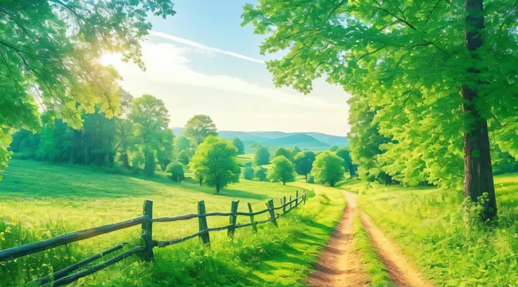 arafed view of a dirt road in a green field with trees, nature scenery, peaceful landscape, nature wallpaper, nature landscape, scenery wallpaper, beautiful summer landscape, stunning nature in background, lush countryside, very beautiful scenery, landscap...