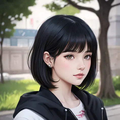 VTuber standing picture with short black hair。2D illustration of a beautiful girl with a piercing in one ear with the atmosphere of a young lady。