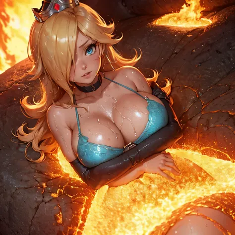 Rosalina, , Big , boobjob pose, paizuri pose, blue eyes, blonde hair, sweat, very sweat, sweaty , very sweaty , blue bra, front view of the , hot , very large cleavage, visible cleavage, very large tits rushing in the bra, tits resting on the ground, tits ...