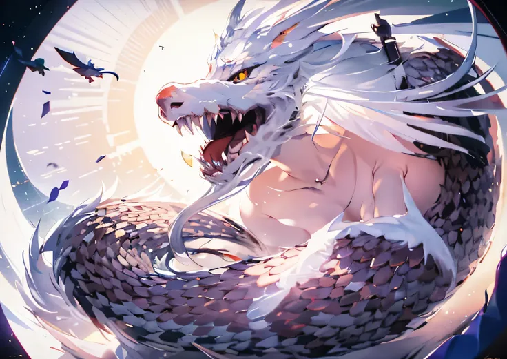 masterpiece，best quality，Super beautiful illustrations，a white dragon，White scales，White beard hair，