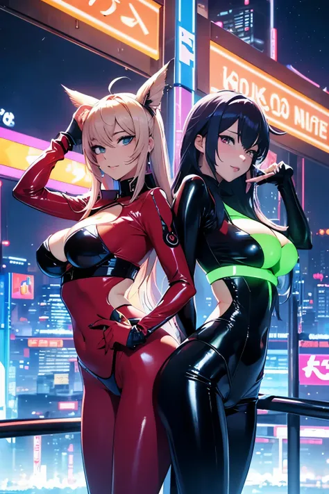 masterpiece, top quality, 16K UHD,
two beautiful and extremely sexy girls,
happily displaying ample cleavage and broad smiles,
back to back, wearing skintight latex bikinis --anime style,
striking a playful pose,
surrounded by a vibrant, futuristic citysca...