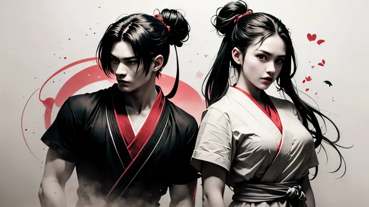 Two male and female ninjas、The man is a handsome, strong ninja with short hair and stubble.、The woman is a very beautiful kunoichi with long hair tied in a bun.、front、Staring at me、Ninja masterpiece, by Ase Berg, High Contrast Color Detail, black and white...