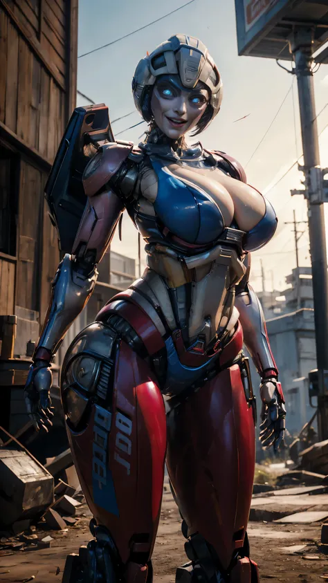 ROTB_Arcee, 1girl, big breasts, smile, robot, mecha, (glowing eyes:1.2), outdoors, wide hips, navel, thick thighs, blue bra, blue panties, big ass, sexy pose, tall