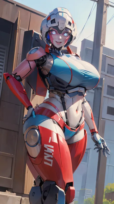 ROTB_Arcee, 1girl, big breasts, smile, robot, mecha, (glowing eyes:1.2), outdoors, wide hips, navel, thick thighs, blue bra, blue panties, big ass, sexy pose, tall