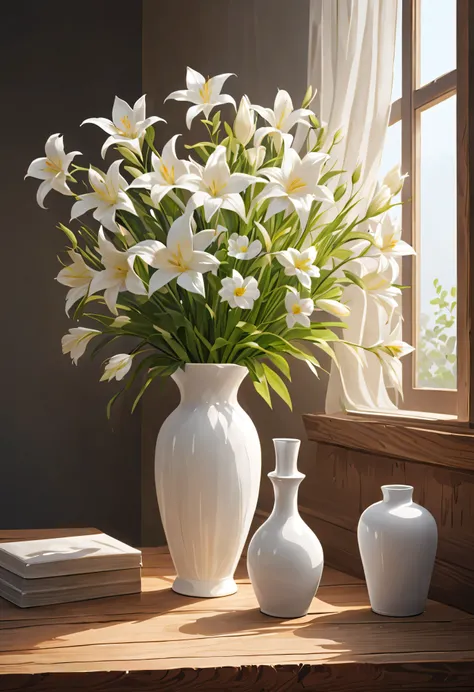 There is a white vase on the wooden table，There are some flowers on it .Best Essay(best quality,4K,8k,high resolution,masterpiece:1.2),super detailed