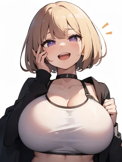 1 girl,blonde hair,bob,Patsun bangs,purple eyes,shaped pupils,big breasts,big breasts,cute,smile,Happy,heavy breathing,trembling,put your hand on your face,crop top,choker