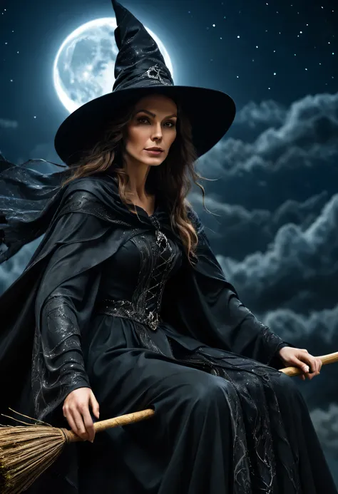  beautiful witch, cloaked in darkness, Sitting on her broom, flying through the night sky on her broom, close up frontal shot, dynamic, Intricate, High Detail, Sharp focus, dramatic, photorealistic