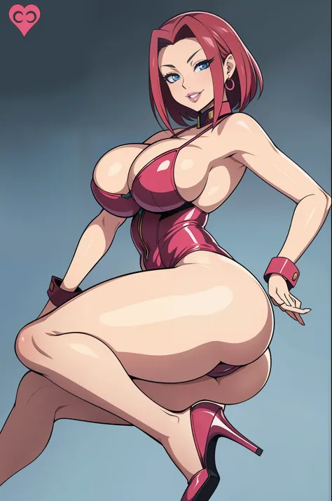 Code Geass, Kallen Stadfeldt 1girl, (((bimbo))), short red hair, blue eyes, ear rings, puffy lips, painted lips, thick lips, wide hips, thick thighs, big breast, huge ass, revealing cleavage, erotic, sexy Smile face, bubble butt, camel toe, Breasts, pink b...