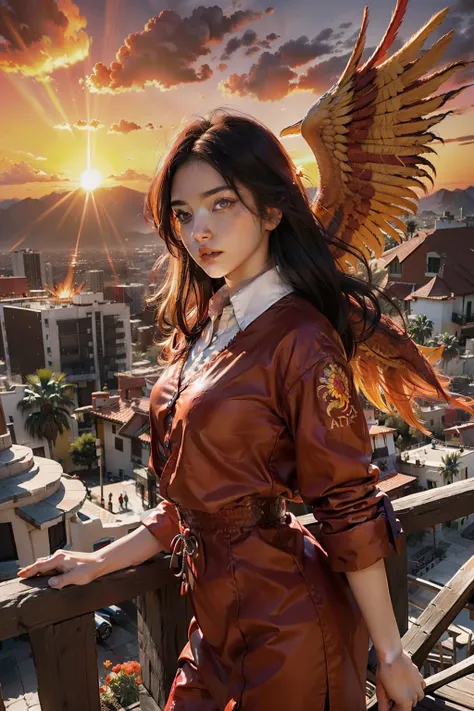 (obra maestra, Mejor calidad: 1.2), a girl with phoenix wings standing in a ring of fire, con ojos rojos brillantes, phoenix, Flores de loto, rojo oro rosa, Sunrise from the mountain to the background