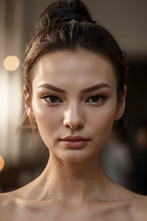 8K, Chinese, looks like Linda Evangelista, hair in a bun, high forehead, looks straight at us, narrow very small eyes, Small nose, Very thin face, sharp cheekbones, plump lips, Bow shaped lips, thin neck, Realistic quality