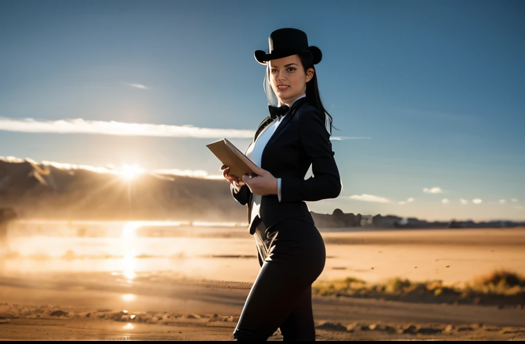 full body shot of anne hathamway with a top hat on her head, with a black suit, with a bow tie around her neck, portrait of anne...