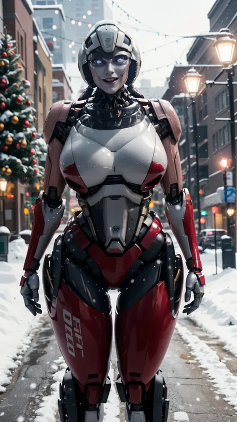 ROTB_Arcee, 1girl, big breasts, smile, robot, mecha, (glowing eyes:1.2), Christmas tree, Christmas gifts, outdoors, wide hips, navel, thick thighs, snow falling on street,