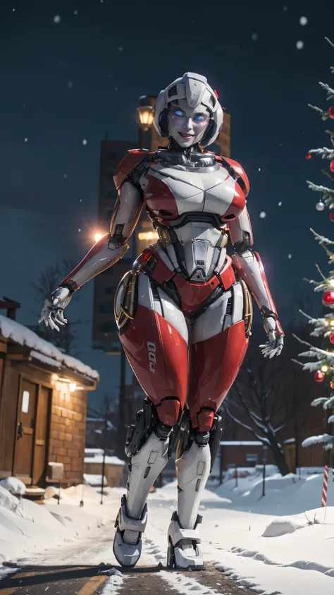 ROTB_Arcee, 1girl, big breasts, smile, robot, mecha, (glowing eyes:1.2), Christmas tree, Christmas gifts, outdoors, wide hips, navel, thick thighs, snow falling on street,
