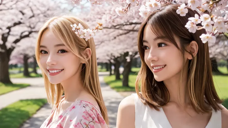 Instagram pictures, french girl, Shoulder length hair, Has light blonde hair, Close-up photo, Take a walk in the park with cherry blossoms, Japan, smile a little,