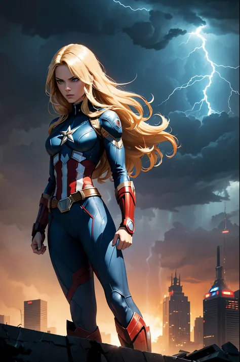 Digital comic book illustration by Clayton Crain, a superheroine wielding elemental powers, long blond hair, slim, slender, tiny chest, in a captain america costume that reflects her abilities, standing amidst a stormy cityscape lightning , strong contrast...