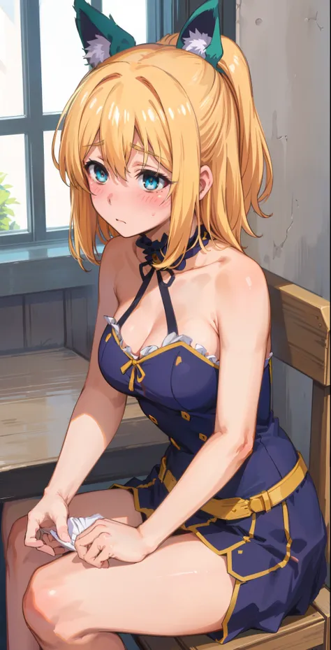 best quality, (masterpiece:1.2), detailed, medieval,
Rumia Tingel,
1girl, solo, ((blush)),
medium hair, blonde hair, short ponytail, blue eyes, green bow, x hair ornament,
((( blue eyes, ultra-detailed eyes))),
Dynamic pose, ((blush)), medium breasts,  med...