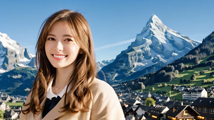 Instagram pictures, 1 French girl, Shoulder length hair, Has light blonde hair, Close-up photo, coat, The background is the village of Grindelwald....., Switzerland, smile a little,