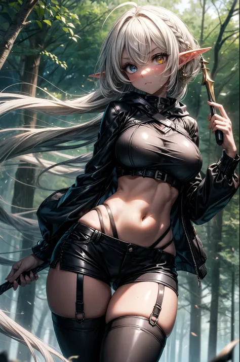 Solo, 1Girl, Elf Girl, White Fluffy Wavy Hair, Pixie Cut Hair, Ahoge on Top of Head, Heterochromia Eyes: Red Left Eye and Golden Right Eye, Long Elvish Ears, Brown Skin Tone, Slim Breasts, Slender Toned Body, Narrow Waist, Wide Hips, Big Shapely Ass, Thick...