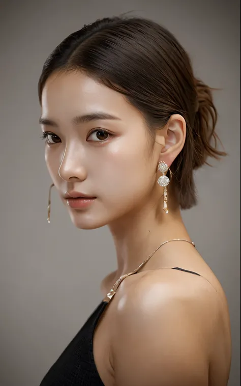 highest quality, Like a real photo、alone, 1 girl, glowing skin, hoop earrings, glamorous, quirky details, dry hair, short hair、fascinating, bare shoulders, long pants, shallow depth of field, contrasting, professional model, facing the front, portrait, so ...