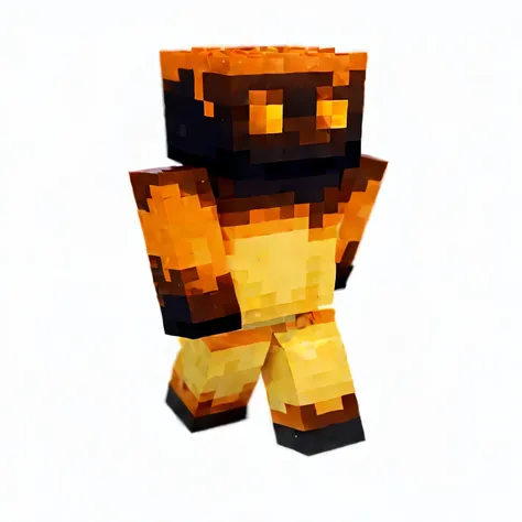 a close up of a pixel figure with a black background, fluffy orange skin, herobrine, scaled skin, minecraft skin, fire golem creature, orange skin, orange body, skin : tjalf sparnaay, tane skin, sleek glowing armor, bronze skin, voxelart, 4 k octan render,...