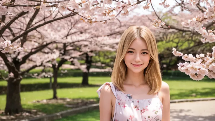 Instagram pictures, french girl, Shoulder length hair, Has light blonde hair, Close-up photo, Take a walk in the park with cherry blossoms, Japan, smile a little,