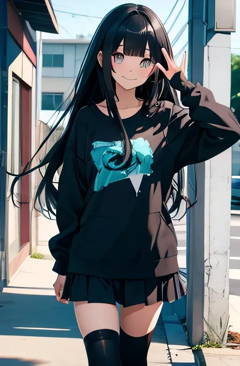 cute anime girl waving , black long hair with bangs and teal eyes, grunge clothes, in front of a classroom, smiling showing her fangs