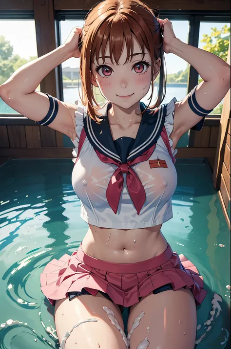 (best quality,4k,8k,highres,masterpiece:1.2), ultra-detailed, on knees, sitting,arms behind back,takami chika, sailor top, school skirt, midriff, slightly excited and smile, sleeveless, thighs, cowboy shot, hair ornament, random pose,(transparent disappear...