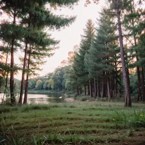 Trees and bushes, grass,beside lake in a indian village forest